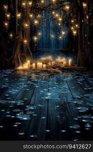 3D rendering of a magical forest with a lot of glowing candles