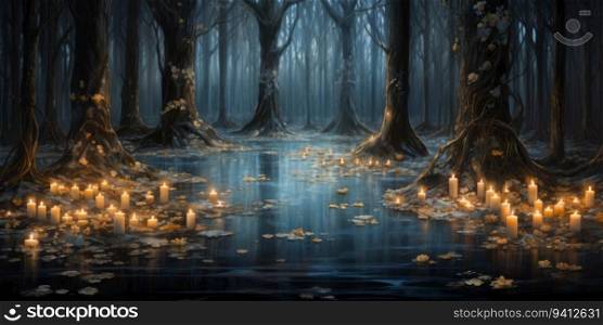 3D rendering of a magical forest with candles. Halloween concept.