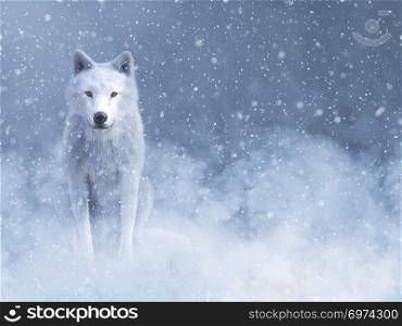 3D rendering of a majestic white wolf sitting down surrounded by magical snow.. 3D rendering of a majestic white wolf in snow.