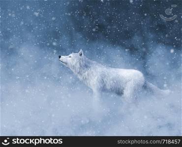 3D rendering of a majestic white wolf surrounded by magical snow.. 3D rendering of a majestic white wolf in snow.