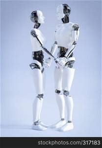 3D rendering of a male and a female robot standing facing each other and holding hands, looking at each other and smiling. Futuristic love concept.. 3D rendering of male and female robot holding hands.