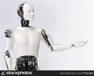 3D rendering of a male robot doing a presentation, holding his arm out like he is presenting or showing something. Light background with copyspace for your message.. 3D rendering of male robot presenting something.