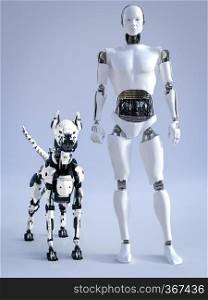 3D rendering of a male robot with a futuristic mean looking robot dog beside him.. 3D rendering of male robot with a futuristic robot dog.