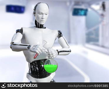 3D rendering of a male robot working in a laboratory, doing a science experiment. He is pouring liquid from a test tube into a beaker.. 3D rendering of male robot doing a science experiment.