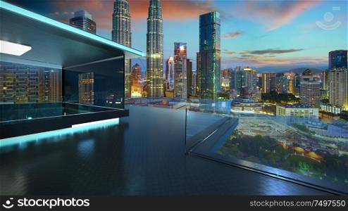 3D rendering of a modern glass balcony with kuala lumpur city skyline real photography background , night scene .Mixed media .