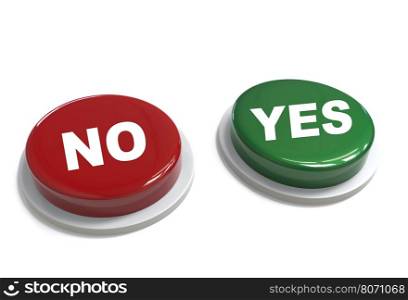 3d rendering of a red and green button withyes and no word written on it isolated on white background