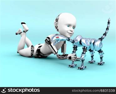 3D rendering of a robot child lying on the floor and playing with a toy robot dog. Bluish background.