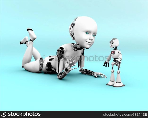 3D rendering of a robot child lying on the floor and playing with a toy robot. Bluish background.