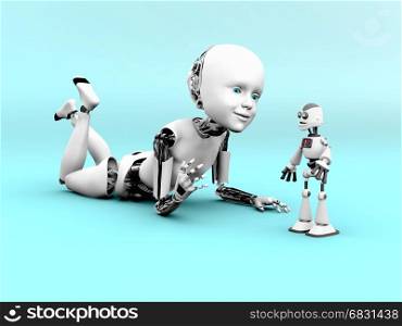 3D rendering of a robot child lying on the floor and playing with a toy robot. Bluish background.