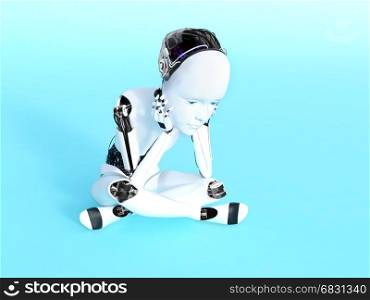 3D rendering of a robot child sitting on the floor and thinking. Bluish background.