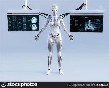 3D rendering of a robot woman standing with closed eyes. She is connected to two screens for scanning or charging her artificial intelligence. Futuristic digital concept.. 3D rendering of female robot connected to screens.