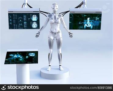 3D rendering of a robot woman standing with closed eyes. She is connected to screens for scanning or charging her artificial intelligence. Futuristic digital concept.. 3D rendering of female robot connected to screens.