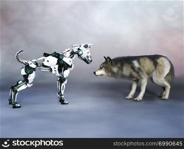 3D rendering of a robotic dog meeting a real wolf or dog. Concept of the future.. 3D rendering of a robot dog meeting a wolf.