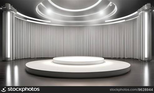 3D rendering of a round podium in a modern room with white curtains