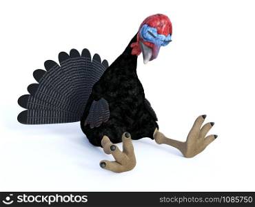 3D rendering of a silly cartoon turkey sitting and sleeping, tired after Thanksgiving celebration. White background.. 3D rendering of a silly tired toon turkey