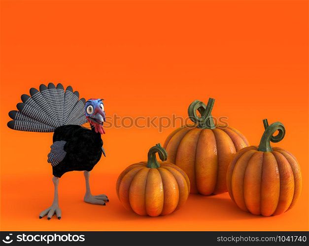 3D rendering of a silly cartoon turkey with three pumpkins on a fall pumpkin greeting card.. 3D rendering of a silly toon turkey with pumpkins.
