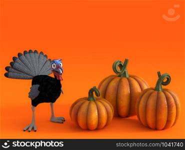 3D rendering of a silly cartoon turkey with three pumpkins on a fall pumpkin greeting card.. 3D rendering of a silly toon turkey with pumpkins.