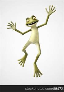 3D rendering of a smiling, cartoon frog jumping for joy. White background.