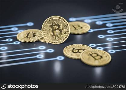 3d rendering of a some bitcoin coins on a dark electronic background