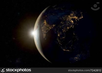 3D rendering of a sunrise on earth from space