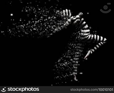 3D rendering of a surreal striped woman that shatters. The body is breaking apart into pixels or windows. Black background.. 3D rendering of striped person breaking apart.