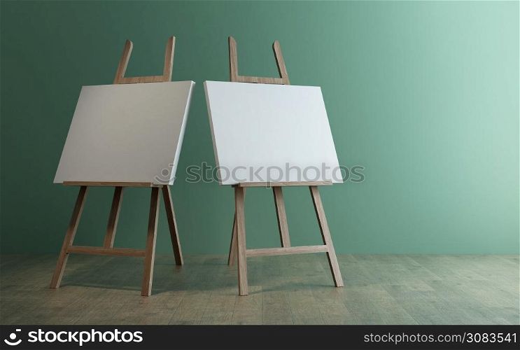 3d rendering of a wooden easel on wood floor with green wall