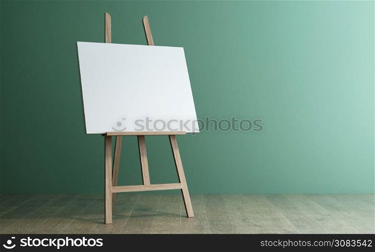 3d rendering of a wooden easel on wood floor with green wall