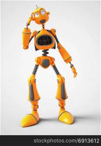 3D rendering of a yellow cartoon robot thinking about something. White background.