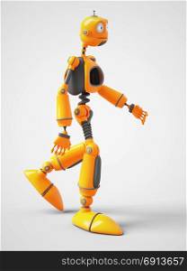 3D rendering of a yellow cartoon robot walking. White background.