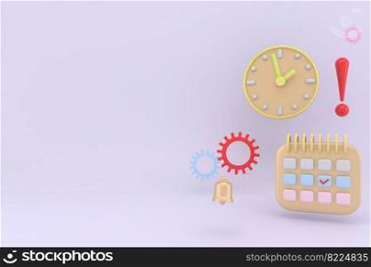 3D Rendering of Agenda element icons calendar and clock with copy space on background concept of time management. 3D render illustration cartoon style. 3D Rendering of Agenda element icons calendar and clock with copy space on background concept of time management. 3D render illustration cartoon style.
