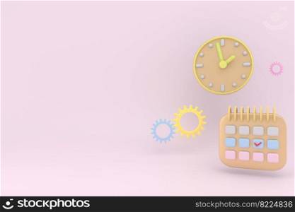3D Rendering of Agenda element icons calendar and clock with copy space on background concept of time management. 3D render illustration cartoon style. 3D Rendering of Agenda element icons calendar and clock with copy space on background concept of time management. 3D render illustration cartoon style.