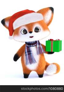 3D rendering of an adorable cute happy furry cartoon fox wearing a Santa hat and scarf, holding a Christmas gift. White background.. 3D rendering of a kawaii cartoon fox wearing Santa hat.