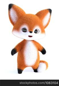 3D rendering of an adorable happy furry cartoon fox standing and looking cute. White background.. 3D rendering of a kawaii cartoon fox.