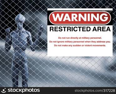 3D rendering of an alien creature standing trapped behind a chain link wire steel metal fence, looking at you. There is a big military warning sign hanging on the fence, maybe it's area 51.. 3D rendering of an alien creature captive behind a fence.