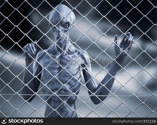 3D rendering of an alien creature standing trapped behind a chain link wire steel metal fence, looking at you.. 3D rendering of an alien creature captive behind a fence.