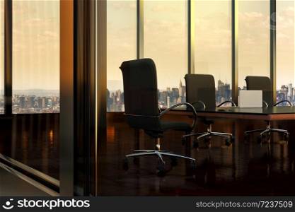 3D rendering of an empty Boardroom in Office Building, with view of New York City through windows, New York, USA