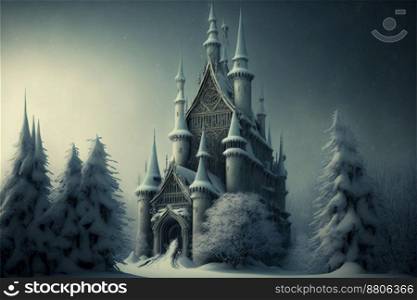 3D rendering of an enchanted fairy tale princess castle in winter