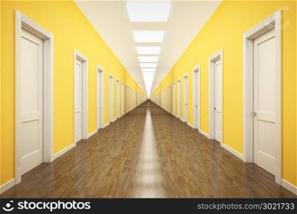 3d rendering of an endless corrior with lots of white doors