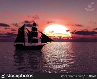 3D rendering of an old merchant ship or schooner out at sea at sunset.. 3D rendering of a ship out at sea at sunset.