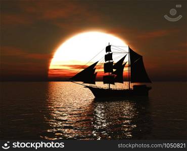 3D rendering of an old merchant ship or schooner out at sea at sunset.. 3D rendering of a ship out at sea at sunset.
