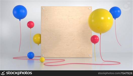3d rendering of balloon and wood square.