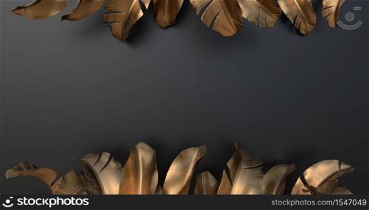 3d rendering of banana leaves and black background.