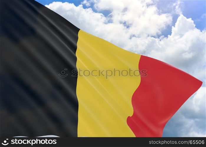 3D rendering of Belgium flag waving on blue sky background, Previously known as Southern Netherlands, Belgian National Day is a festive public holiday celebrated on July 21 every year
