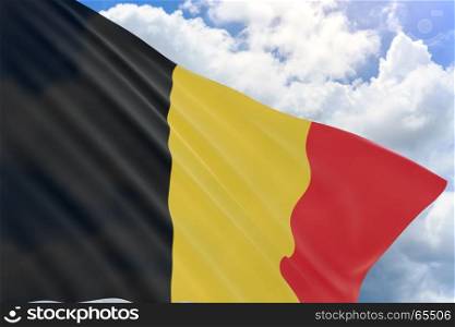 3D rendering of Belgium flag waving on blue sky background, Previously known as Southern Netherlands, Belgian National Day is a festive public holiday celebrated on July 21 every year