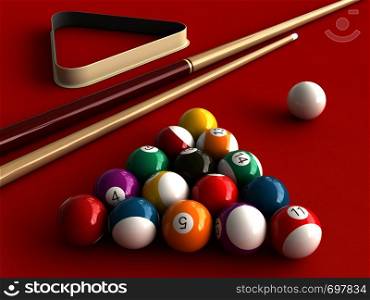 3d rendering of billiard balls and stick over billiard table