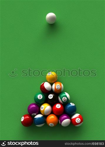 3d rendering of billiard balls and stick over billiard table