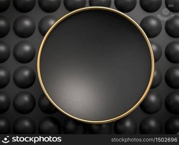3D rendering of black empty plate with golden ring over black spheres and background. Perfect illustration for placing your text or object. Banner with copyspace in minimalistic style. 3D render of black empty plate with golden ring over black spheres and background. Perfect illustration for placing your text or object. Banner with copyspace in minimalistic style