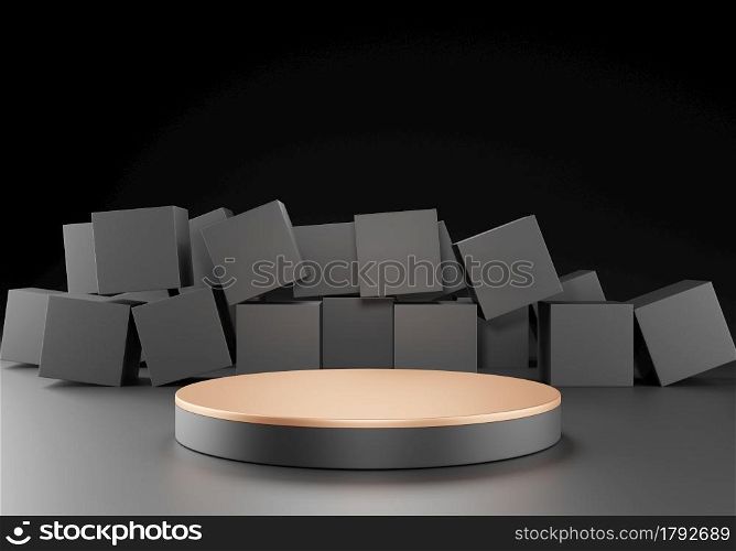 3d rendering of black pedestal stand podium on black background, round geometric shape, square boxes stand with product show or copy space