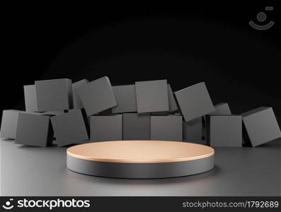 3d rendering of black pedestal stand podium on black background, round geometric shape, square boxes stand with product show or copy space