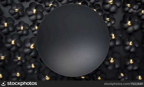 3d rendering of black round plate on black flowers. Perfect mockup for placing your text. Black and golden colours. Copy space background. 3d render of black round plate on black flowers. Perfect mockup for placing your text. Black and golden colours. Copy space background